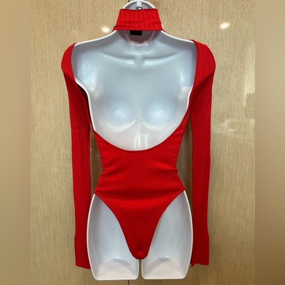 NWT 8 by YOOX Red Ribbed Bodysuit Fitted Stretchy - Picture 3 of 9